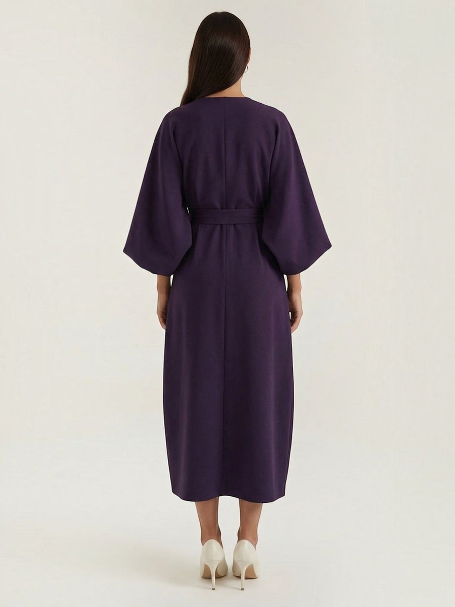 Ana Balloon Sleeve Wrap Midi Dress with Belt