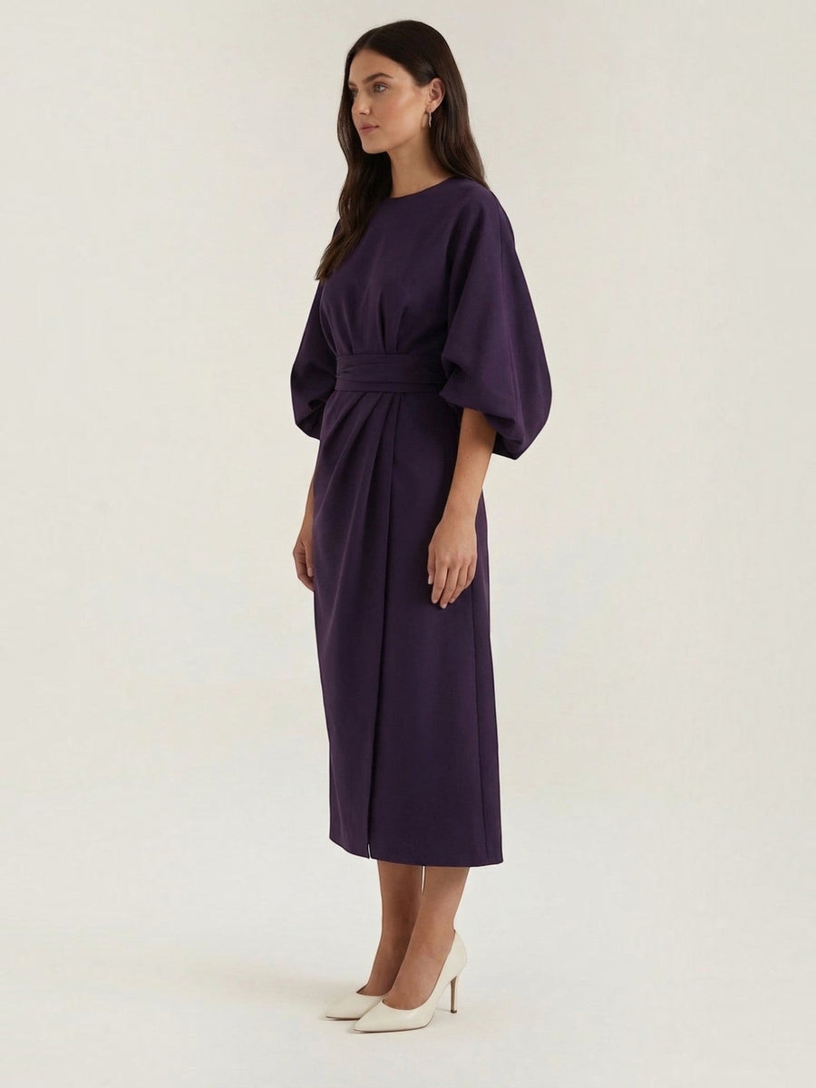 Ana Balloon Sleeve Wrap Midi Dress with Belt
