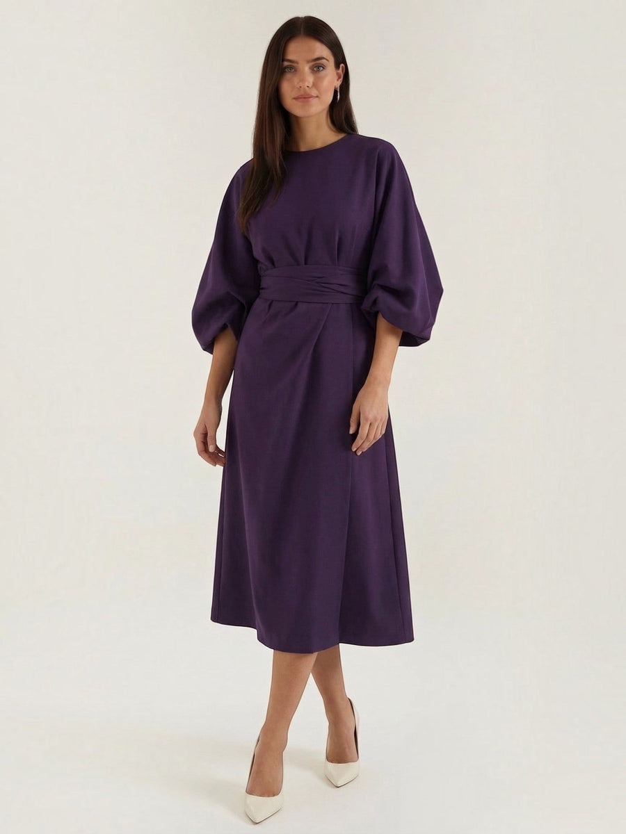 Ana Balloon Sleeve Wrap Midi Dress with Belt