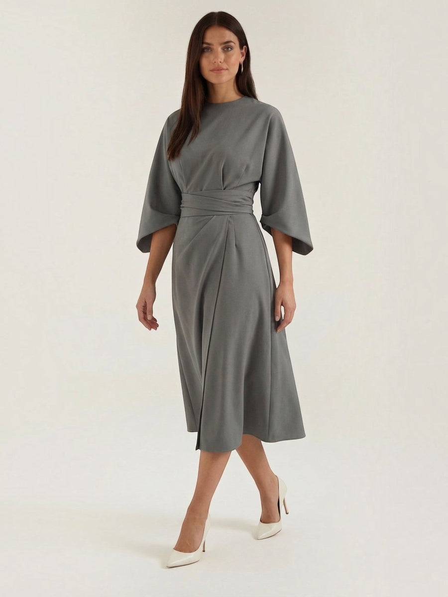 Ana Balloon Sleeve Wrap Midi Dress with Belt