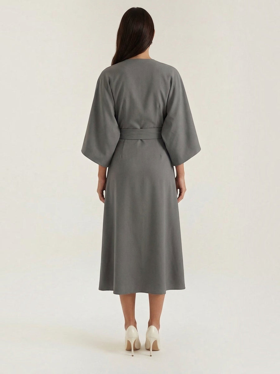 Ana Balloon Sleeve Wrap Midi Dress with Belt