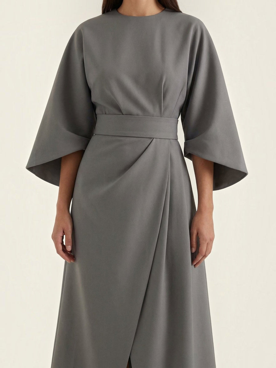Ana Balloon Sleeve Wrap Midi Dress with Belt