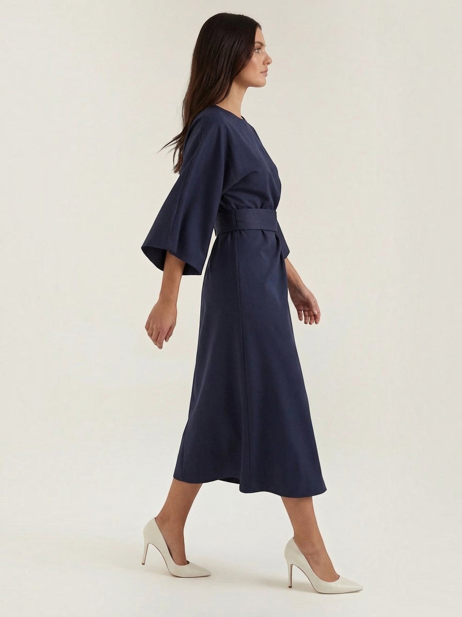 Ana Balloon Sleeve Wrap Midi Dress with Belt