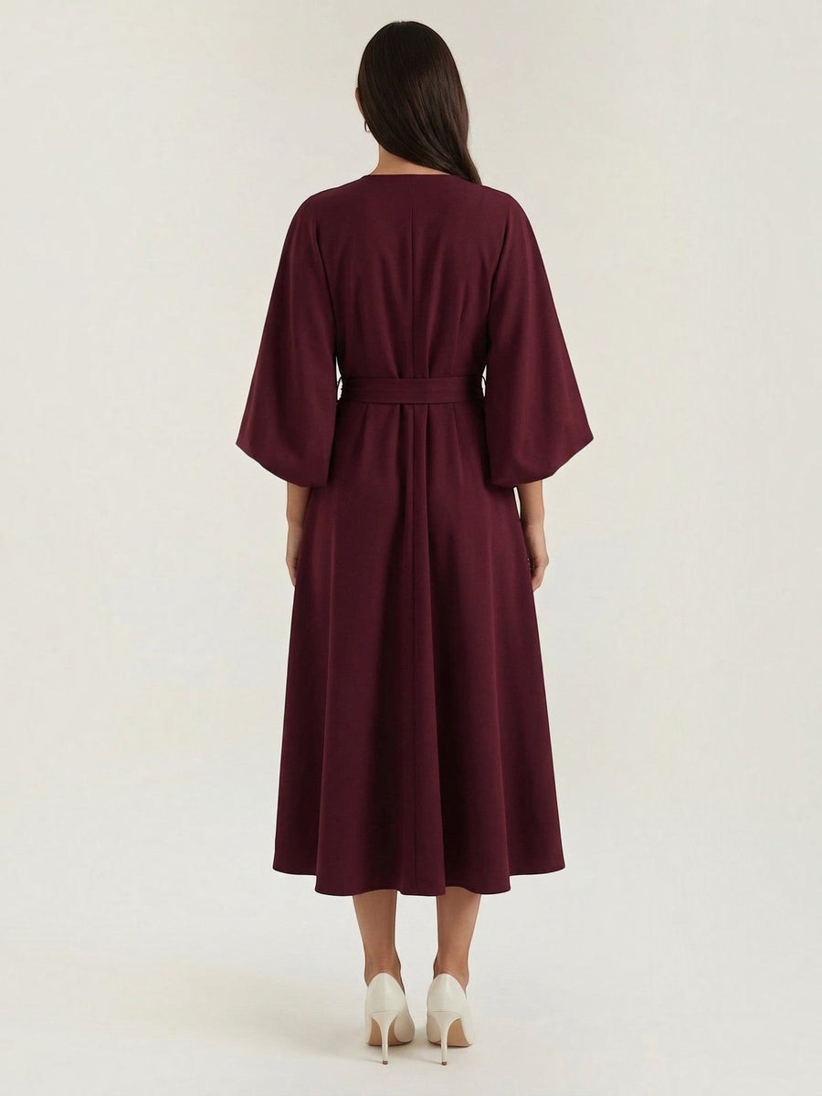 Ana Balloon Sleeve Wrap Midi Dress with Belt