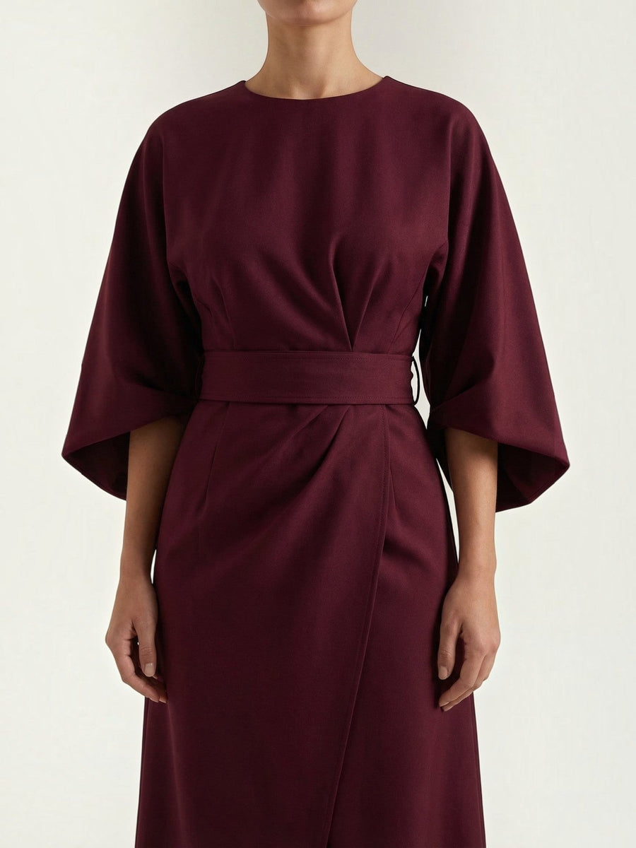Ana Balloon Sleeve Wrap Midi Dress with Belt