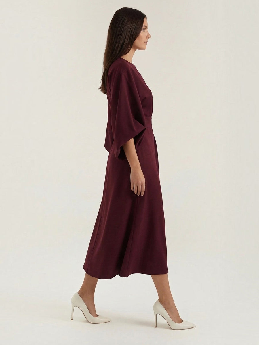 Ana Balloon Sleeve Wrap Midi Dress with Belt