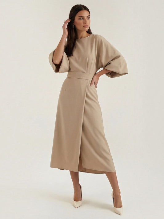 Ana Balloon Sleeve Wrap Midi Dress with Belt