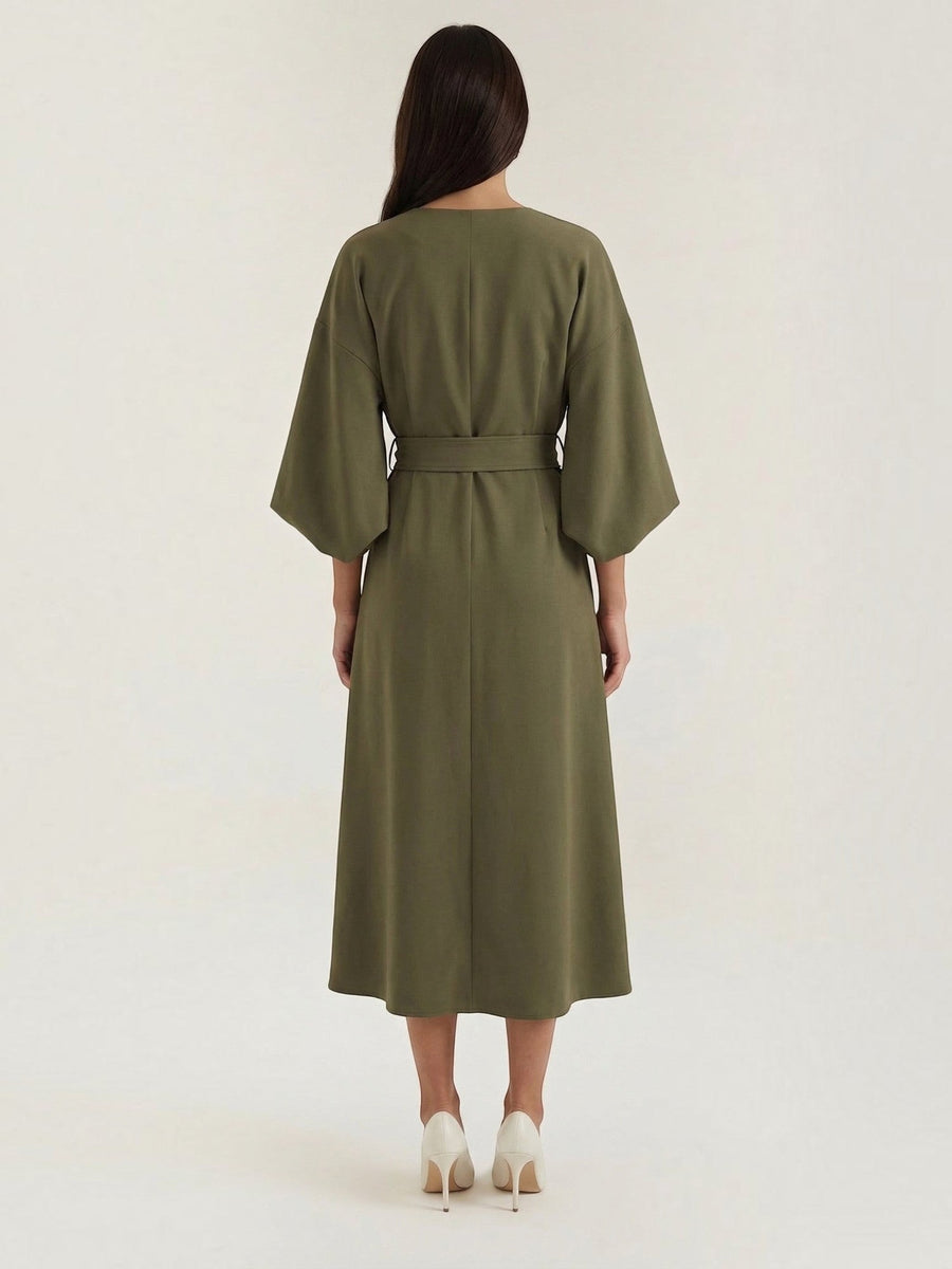 Ana Balloon Sleeve Wrap Midi Dress with Belt