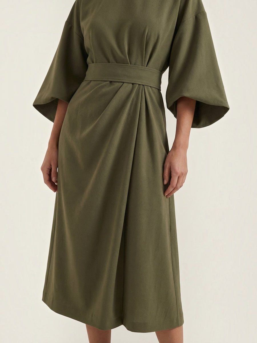 Ana Balloon Sleeve Wrap Midi Dress with Belt