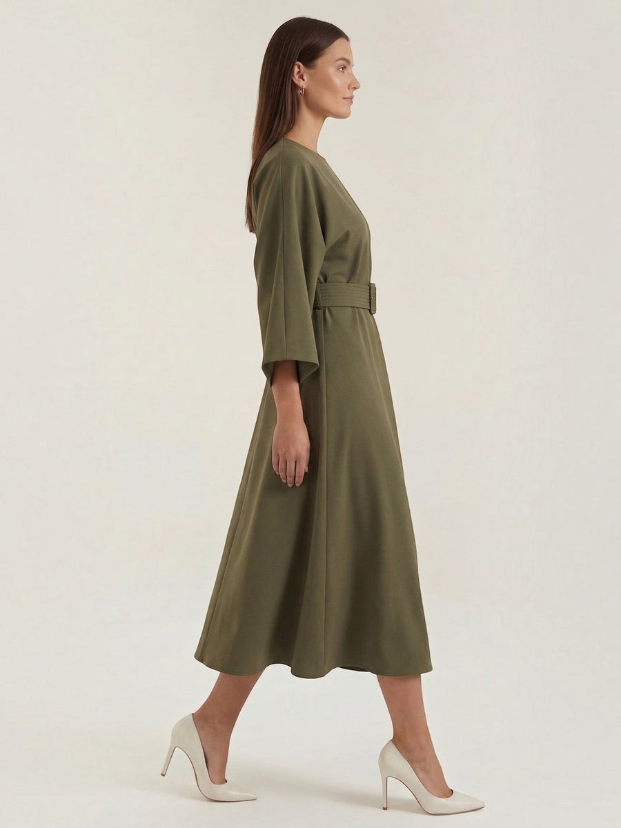 Ana Balloon Sleeve Wrap Midi Dress with Belt