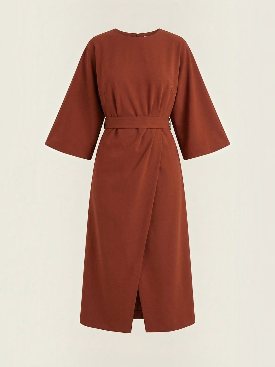 Ana Balloon Sleeve Wrap Midi Dress with Belt