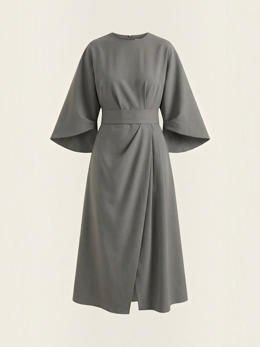 Ana Balloon Sleeve Wrap Midi Dress with Belt