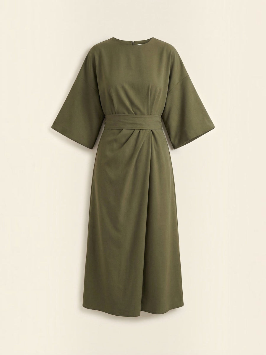 Ana Balloon Sleeve Wrap Midi Dress with Belt