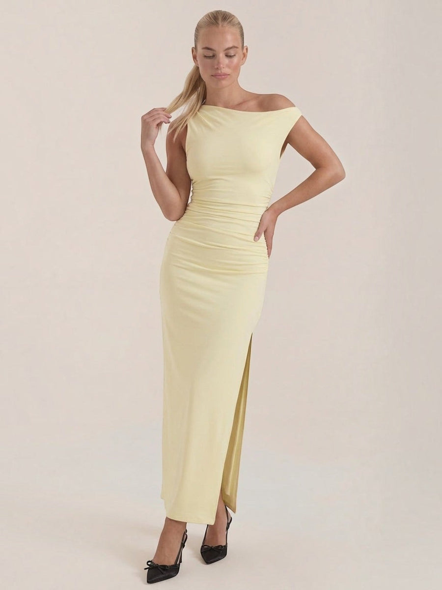 Deanna One Shoulder Ruched Maxi Dress with Slit