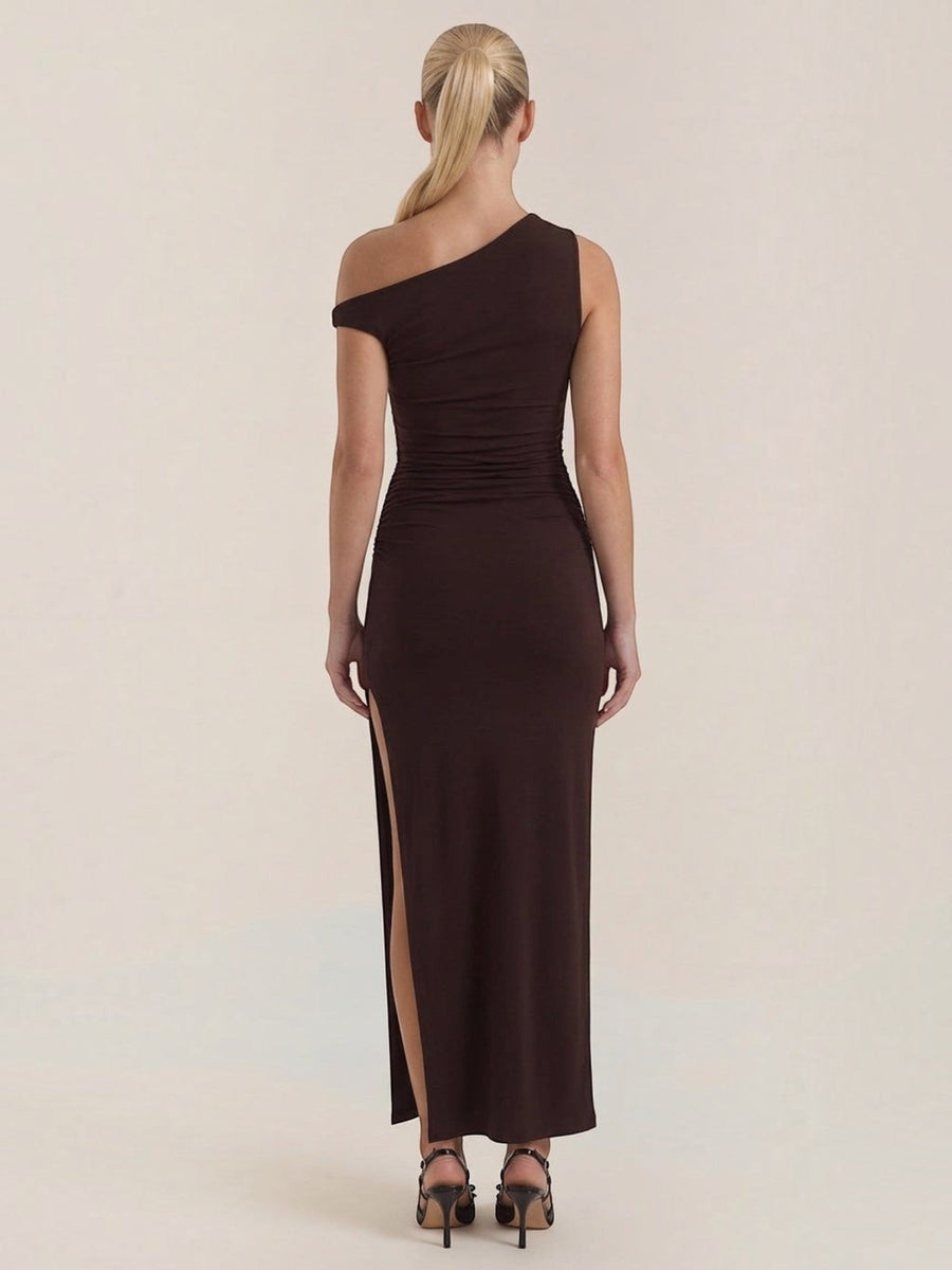 Deanna One Shoulder Ruched Maxi Dress with Slit