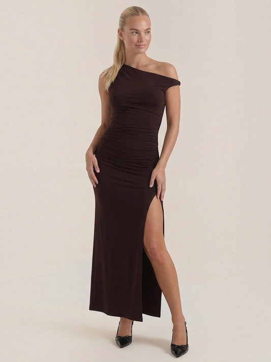 Deanna One Shoulder Ruched Maxi Dress with Slit