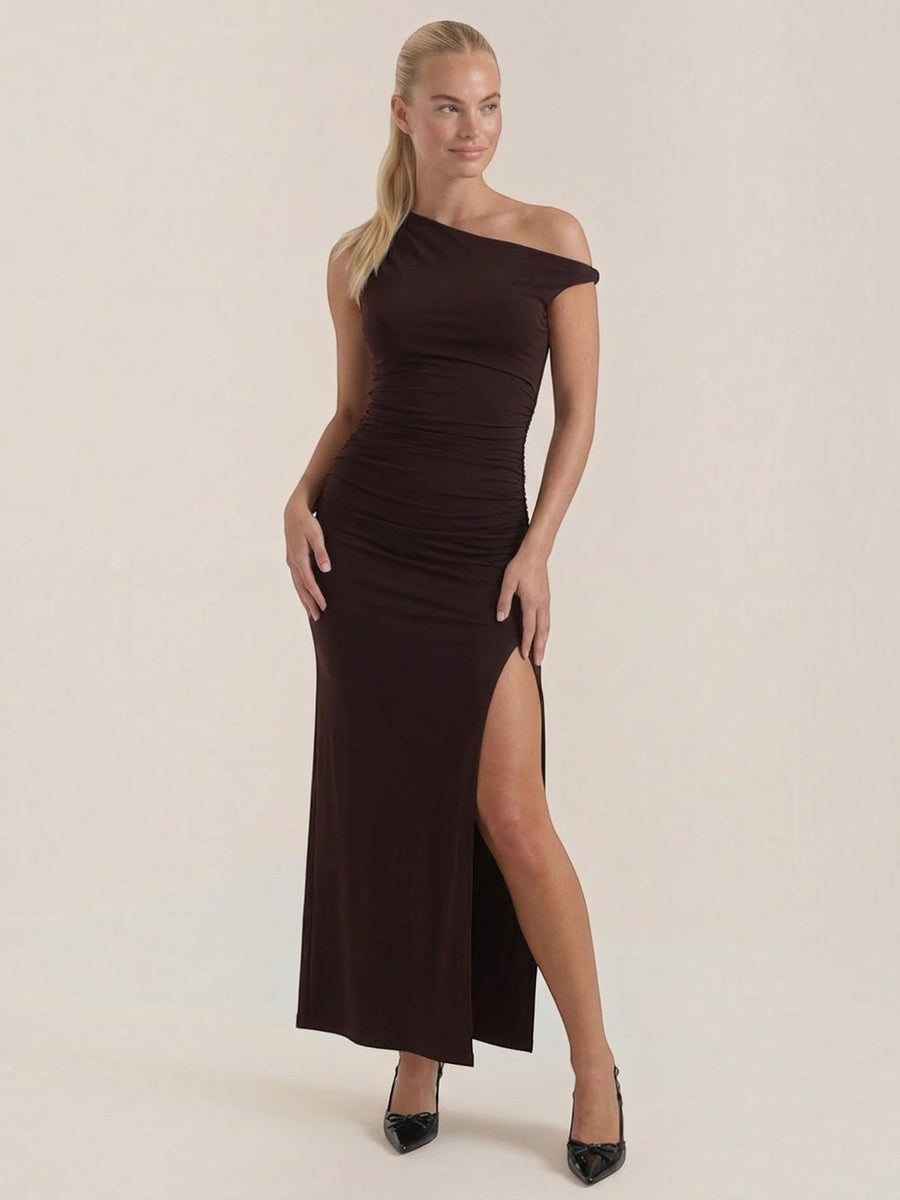 Deanna One Shoulder Ruched Maxi Dress with Slit