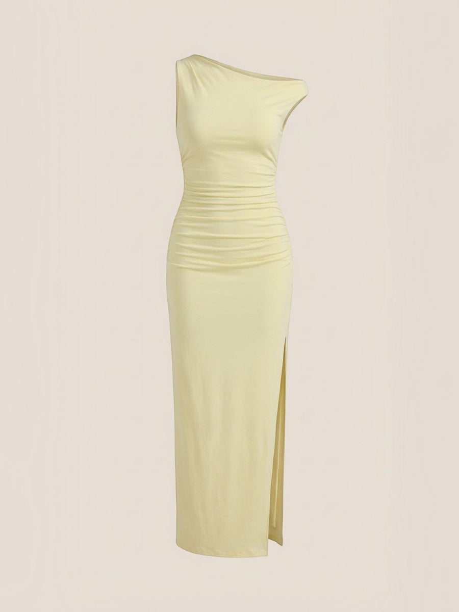 Deanna One Shoulder Ruched Maxi Dress with Slit