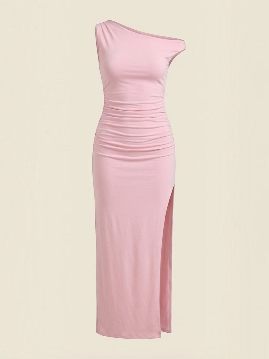 Deanna One Shoulder Ruched Maxi Dress with Slit