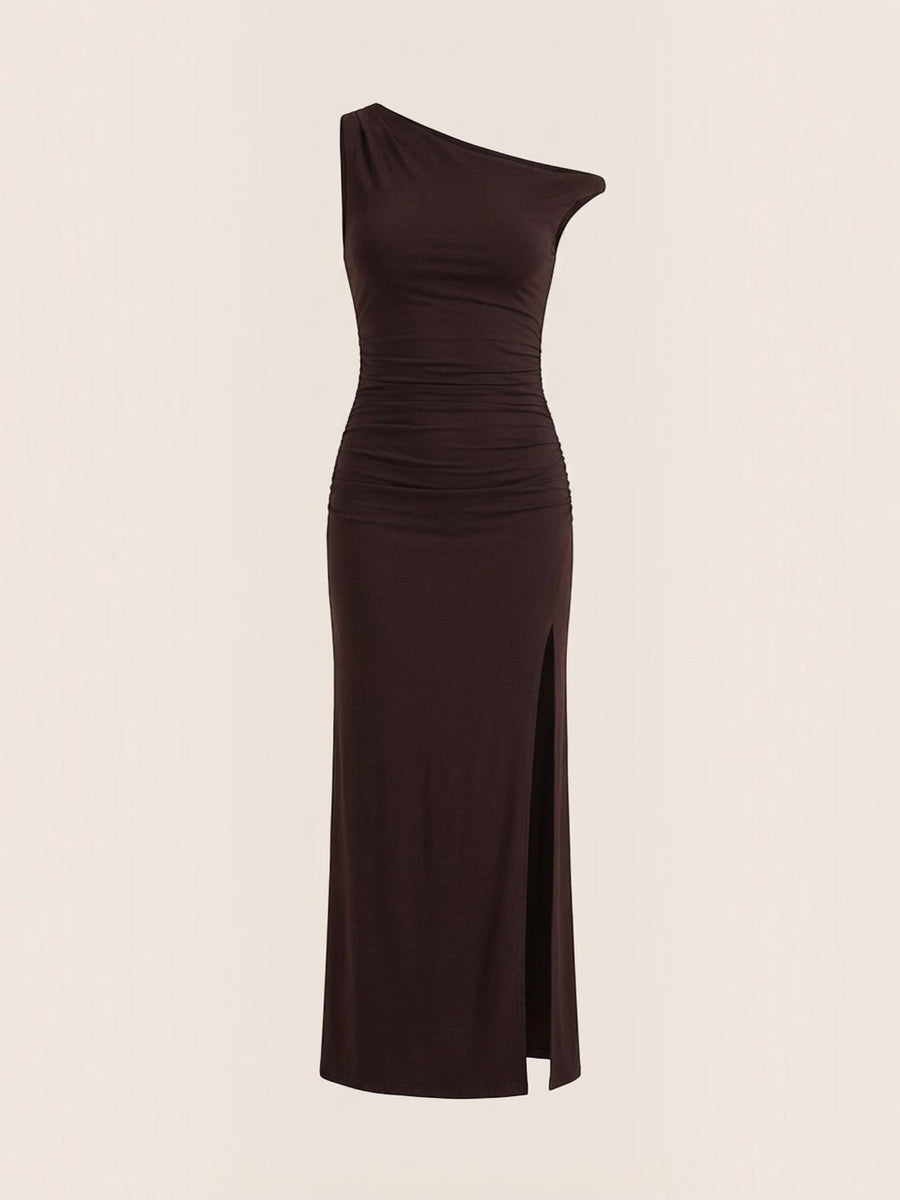 Deanna One Shoulder Ruched Maxi Dress with Slit