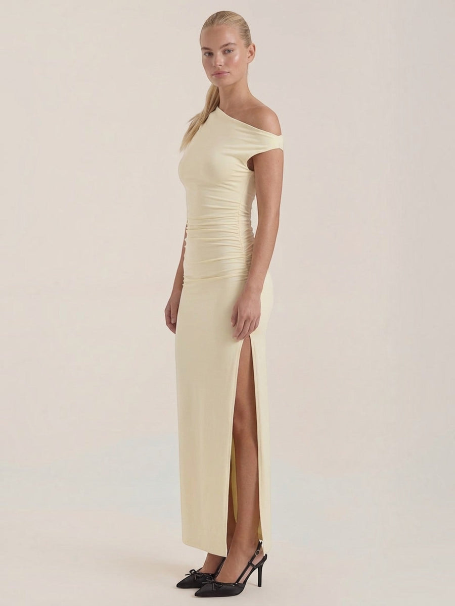 Deanna One Shoulder Ruched Maxi Dress with Slit
