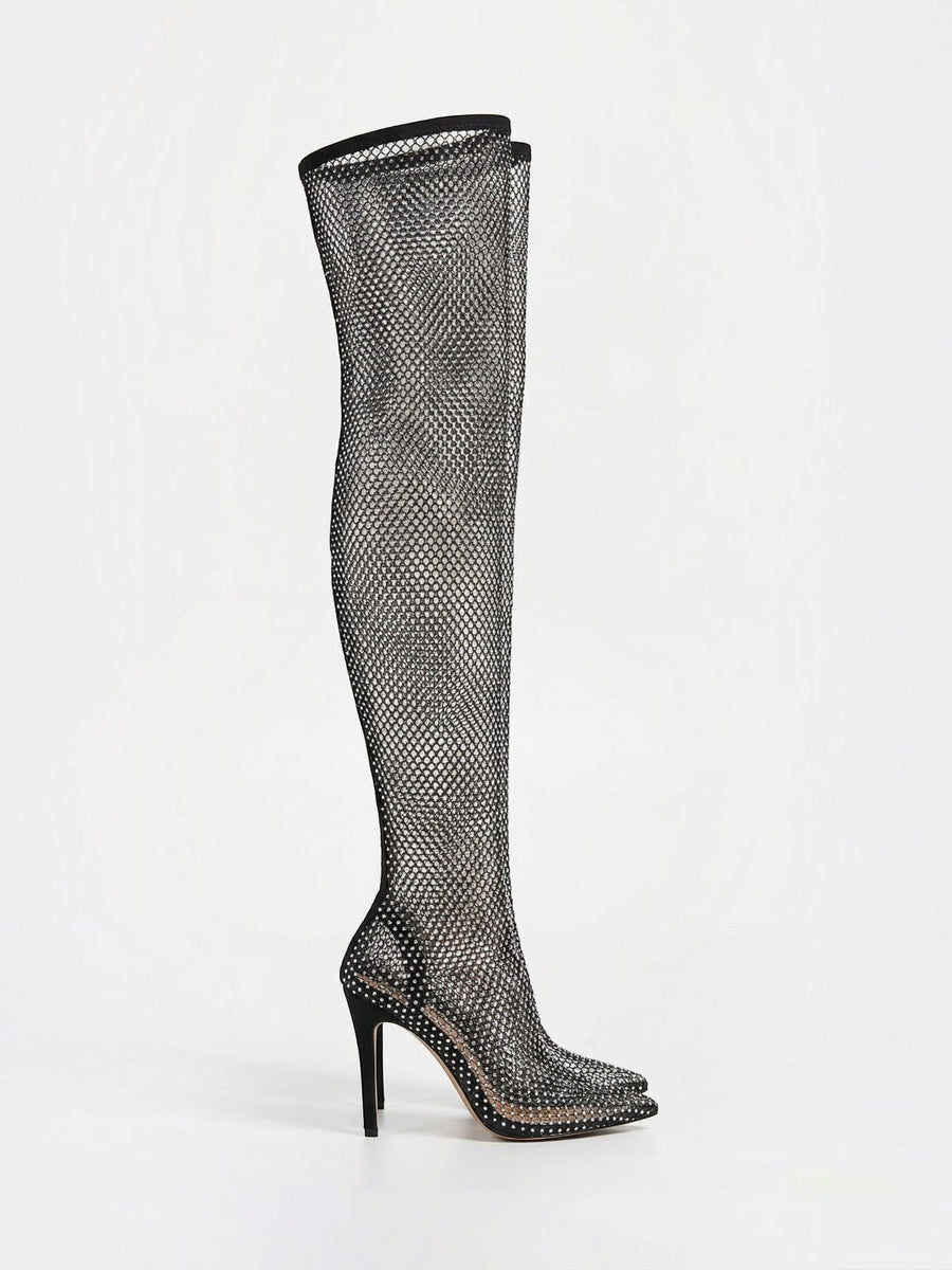 Fiorenne Mesh Rhinestone Thigh High Boots