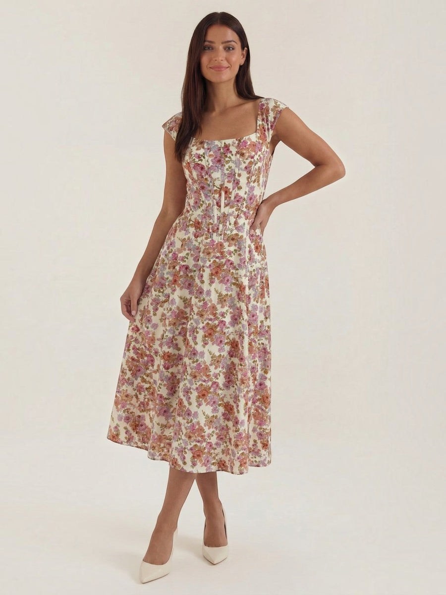Dahlia Corset Style Square Neck Midi Dress