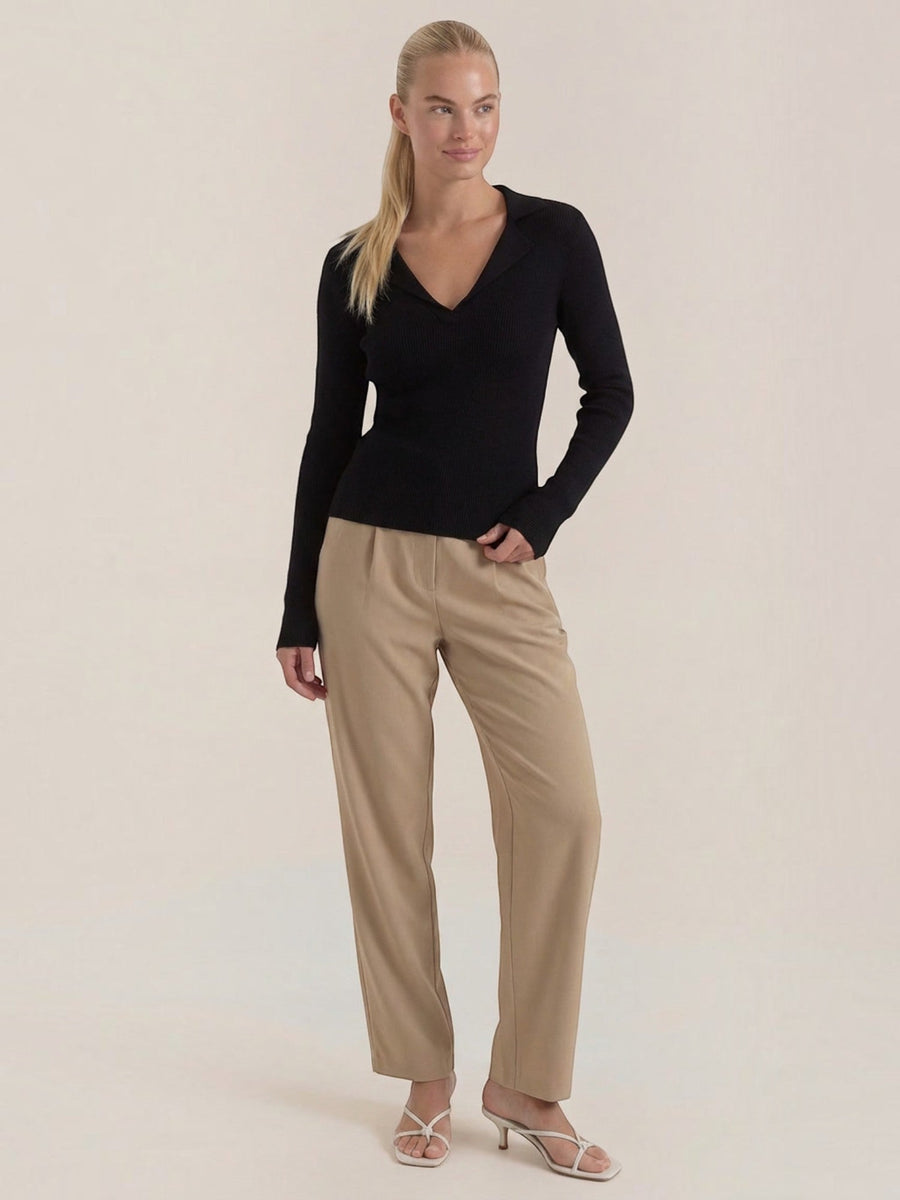 Sara Polo Collar Ribbed Knit Top