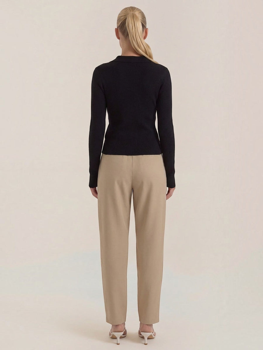 Sara Polo Collar Ribbed Knit Top
