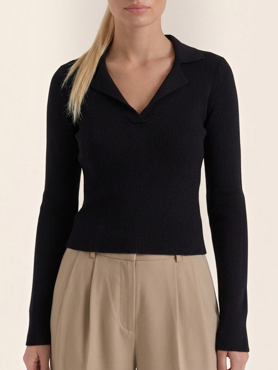 Sara Polo Collar Ribbed Knit Top