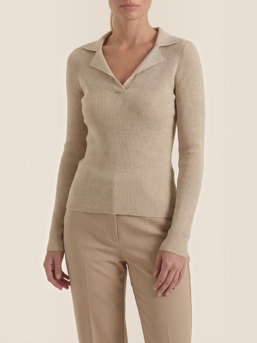 Sara Polo Collar Ribbed Knit Top