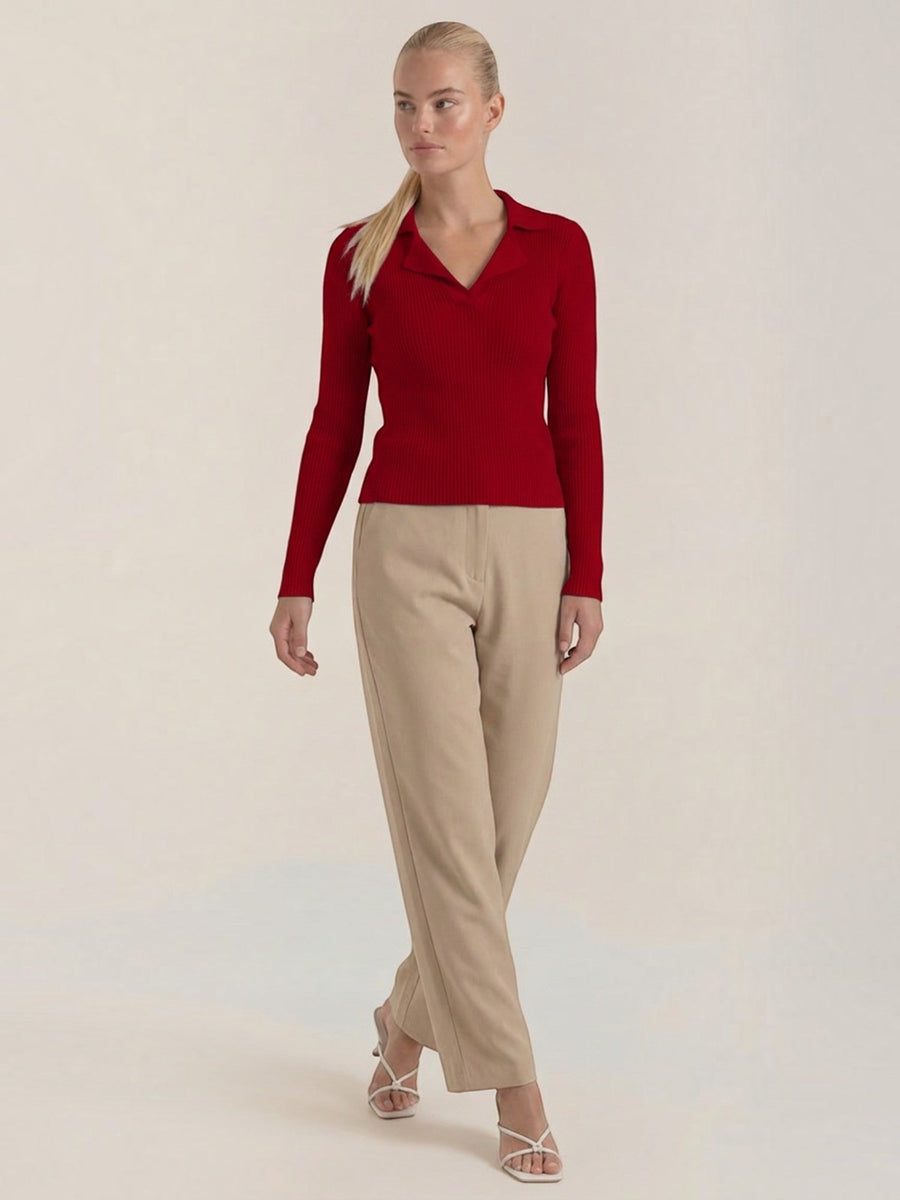 Sara Polo Collar Ribbed Knit Top