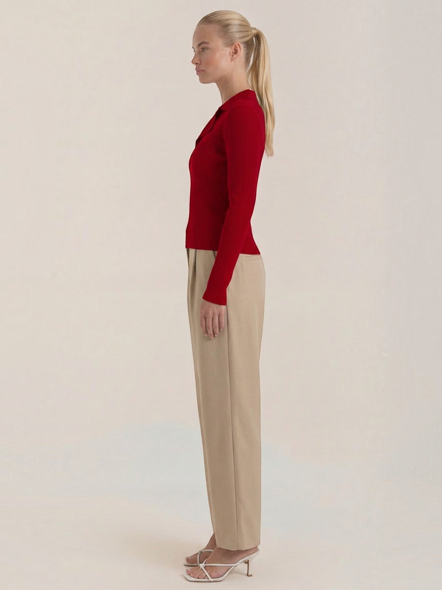 Sara Polo Collar Ribbed Knit Top