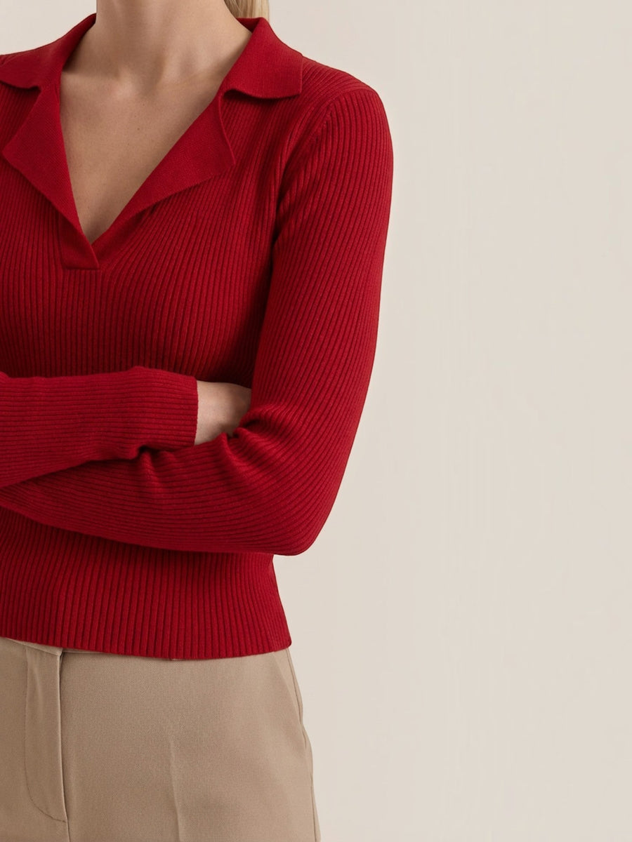Sara Polo Collar Ribbed Knit Top