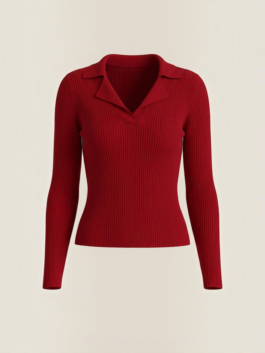 Sara Polo Collar Ribbed Knit Top