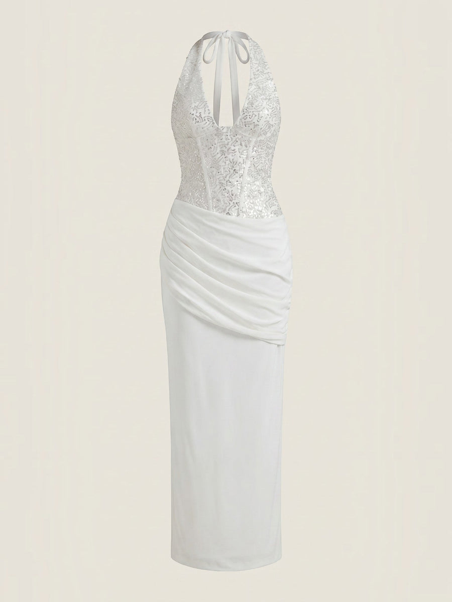 Selena Sequin Bodice Halter Neck Maxi Dress