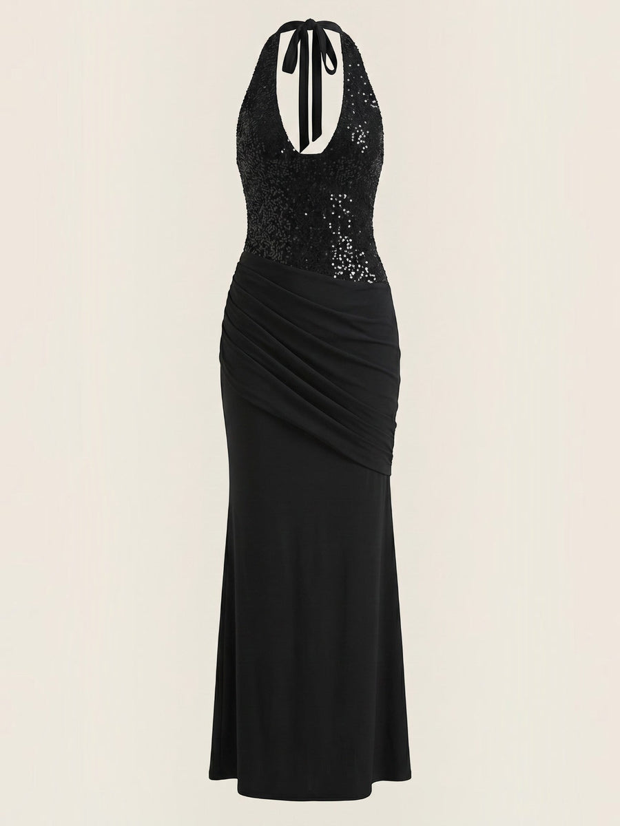 Selena Sequin Bodice Halter Neck Maxi Dress