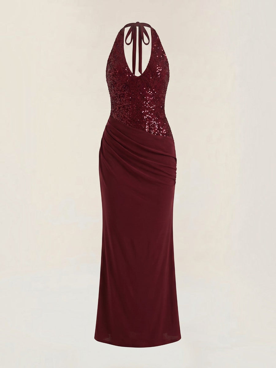 Selena Sequin Bodice Halter Neck Maxi Dress
