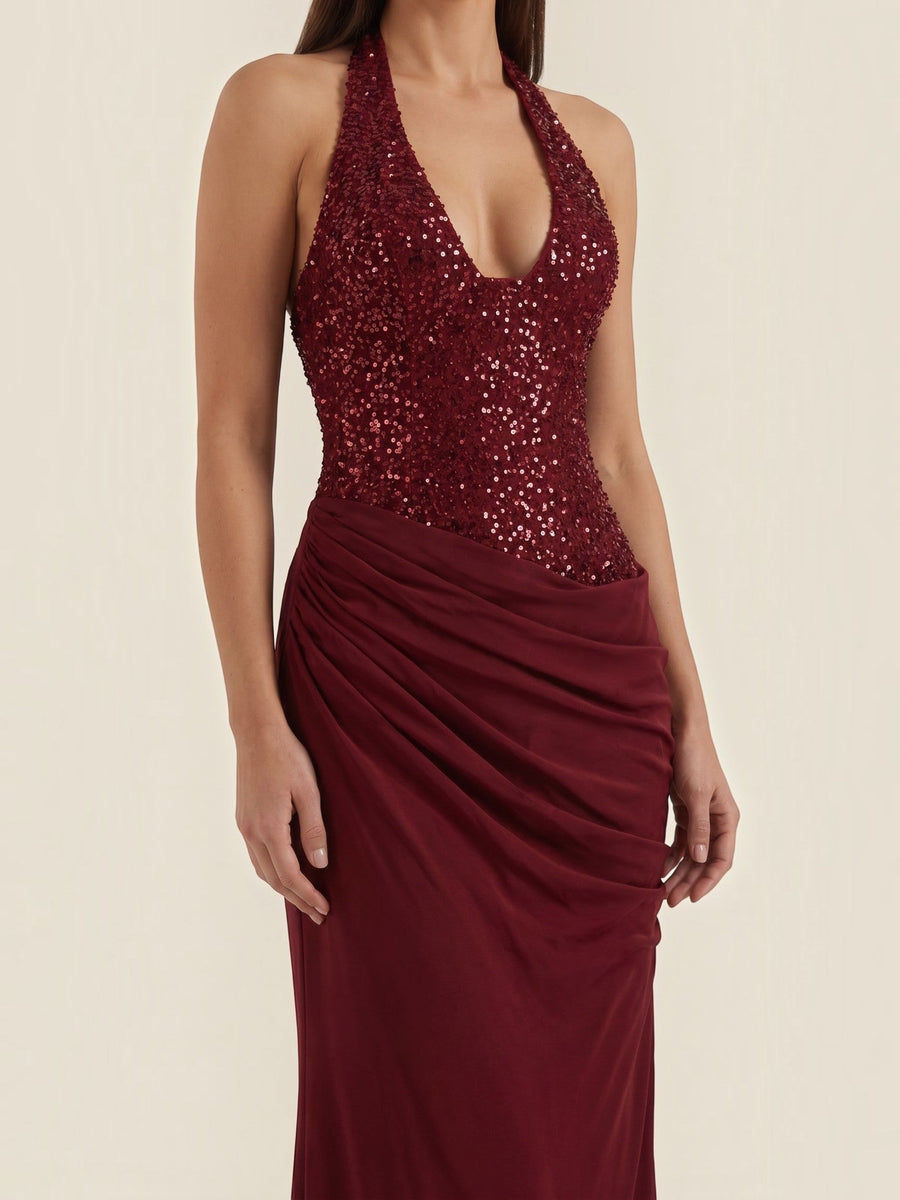 Selena Sequin Bodice Halter Neck Maxi Dress