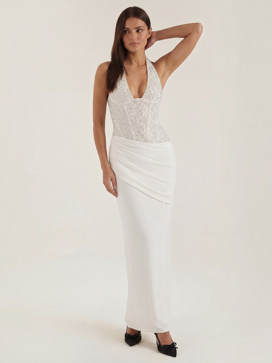 Selena Sequin Bodice Halter Neck Maxi Dress