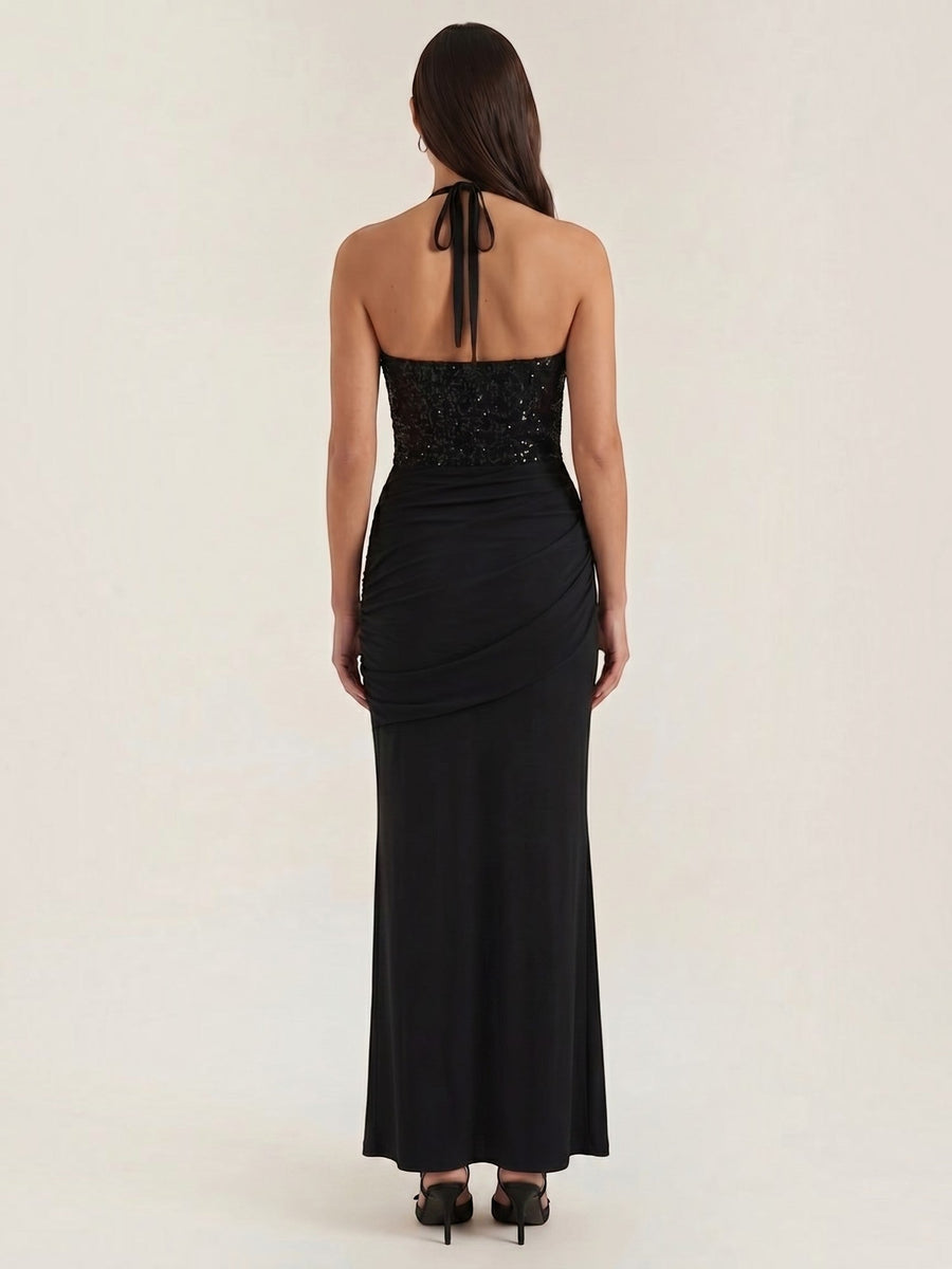 Selena Sequin Bodice Halter Neck Maxi Dress