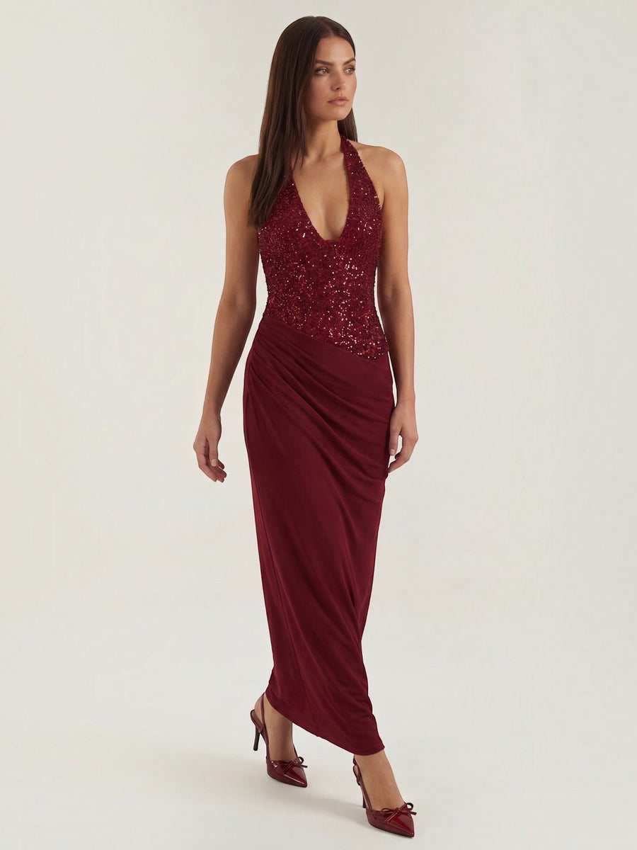 Selena Sequin Bodice Halter Neck Maxi Dress