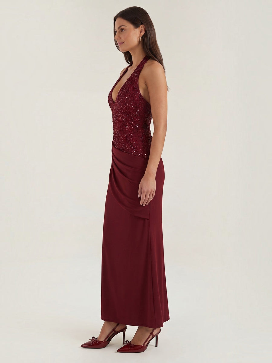 Selena Sequin Bodice Halter Neck Maxi Dress