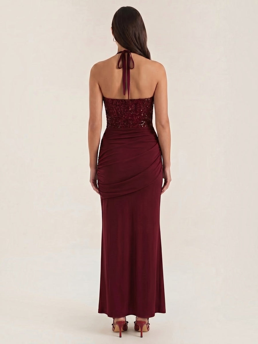 Selena Sequin Bodice Halter Neck Maxi Dress