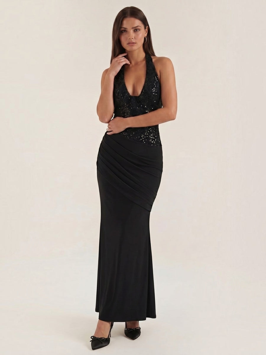 Selena Sequin Bodice Halter Neck Maxi Dress