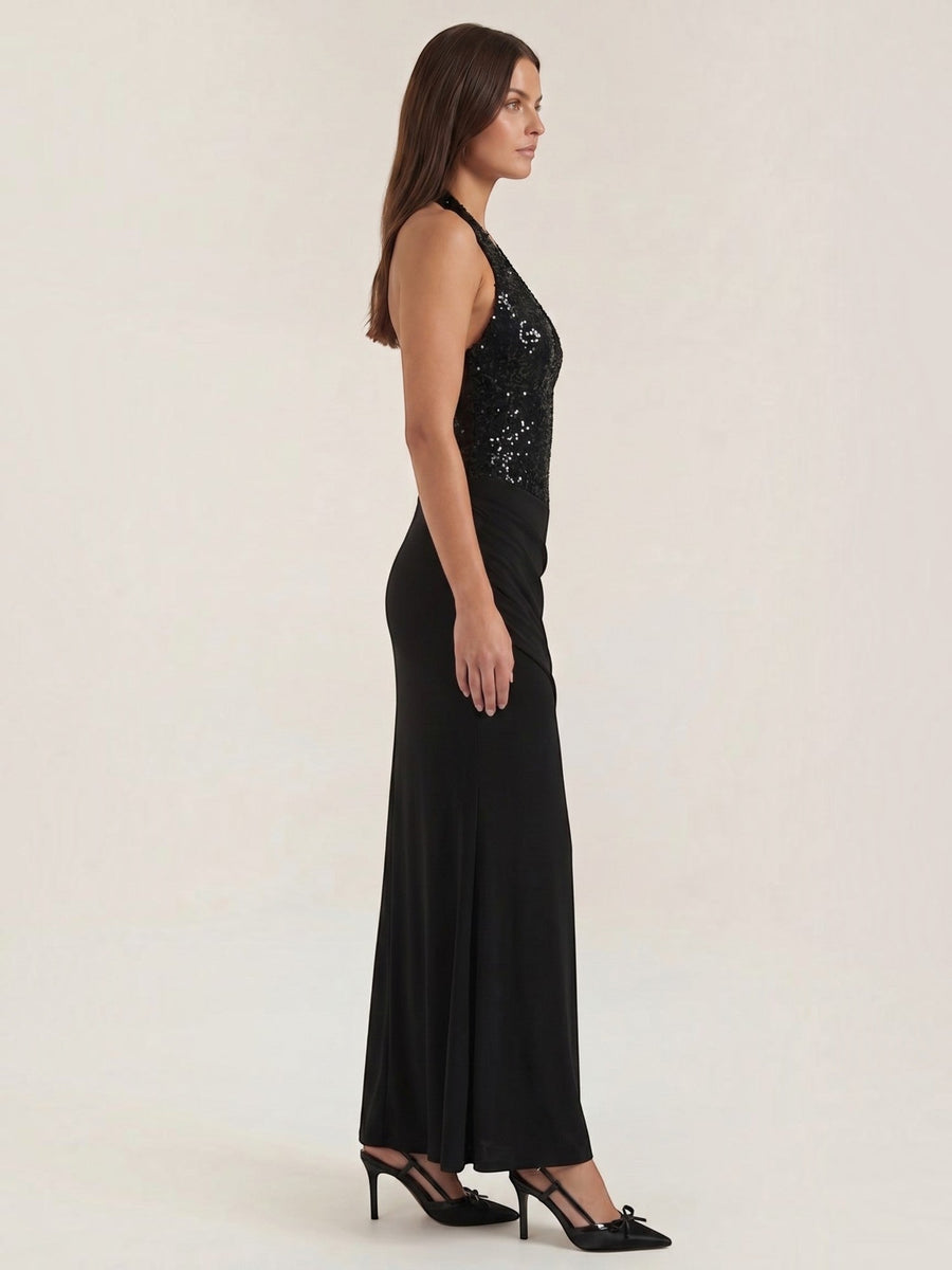 Selena Sequin Bodice Halter Neck Maxi Dress