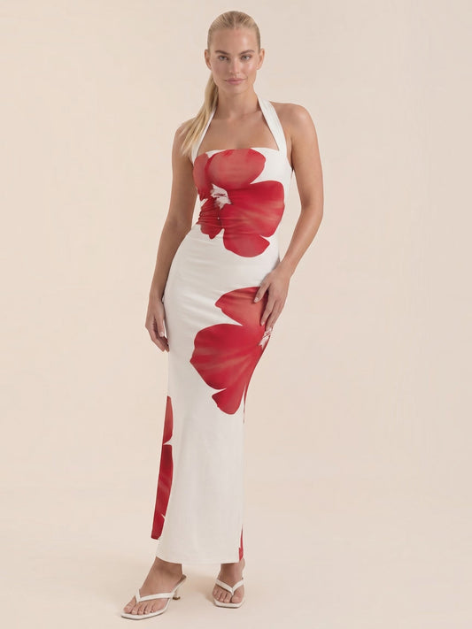 Remi Floral Halter Neck Open Back Maxi Dress