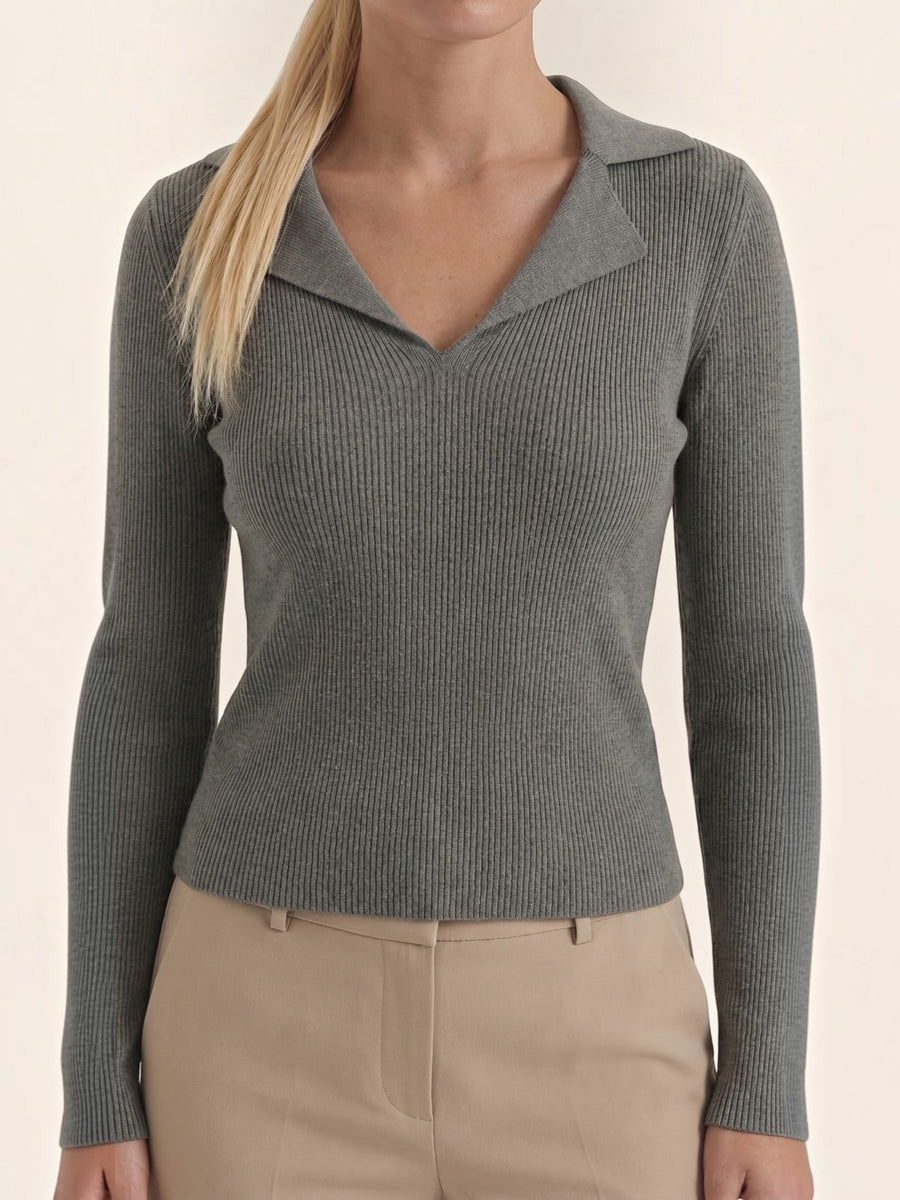 Sara Polo Collar Ribbed Knit Top