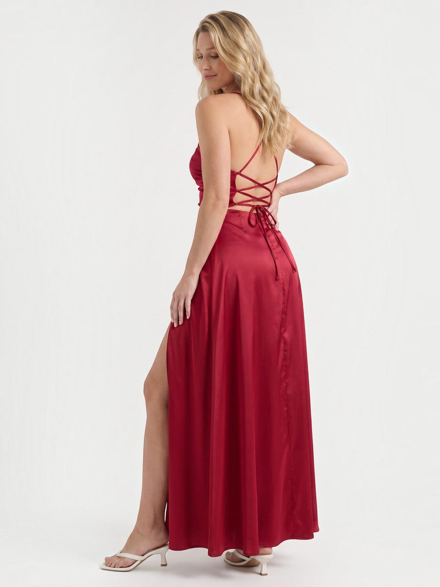 Indie Satin Cowl Neck Midi Dress with Slit