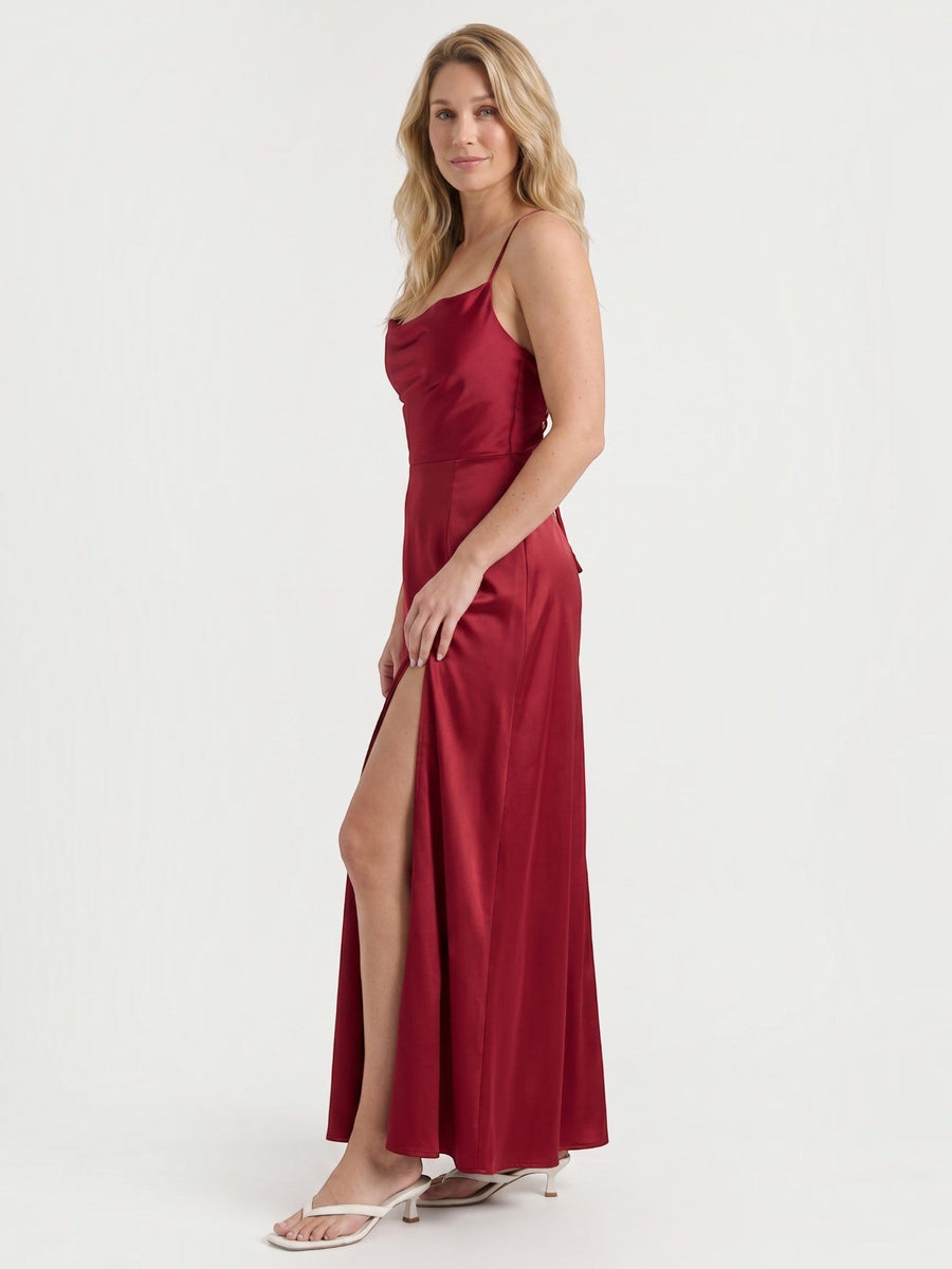 Indie Satin Cowl Neck Midi Dress with Slit